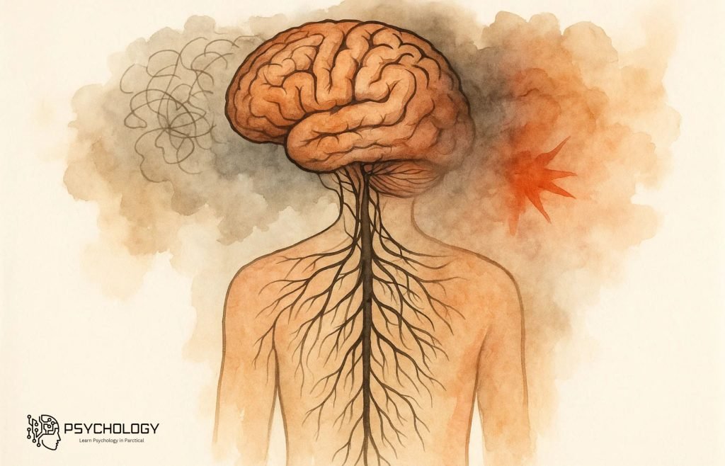 Understanding Psychosomatic Disorders Easily 1 Abstract art showing brain connected to body nerves symbolizing psychosomatic disorder